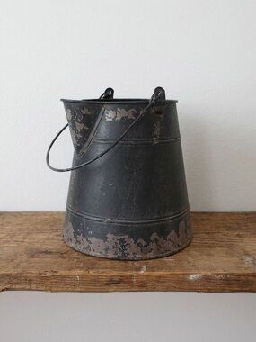 Vintage Primitive Black Tin Ash Pail Small Metal Bucket with Pour Handle 8" Tall